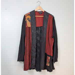 AHNI Patchwork Cardigan Jacket Top Red Black Artsy Vintage Y2K Lace Mesh Asian
